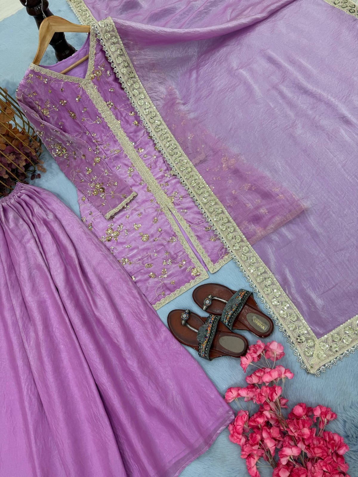 Fendi Silk Designer Top Plazzo & Dupatta Set