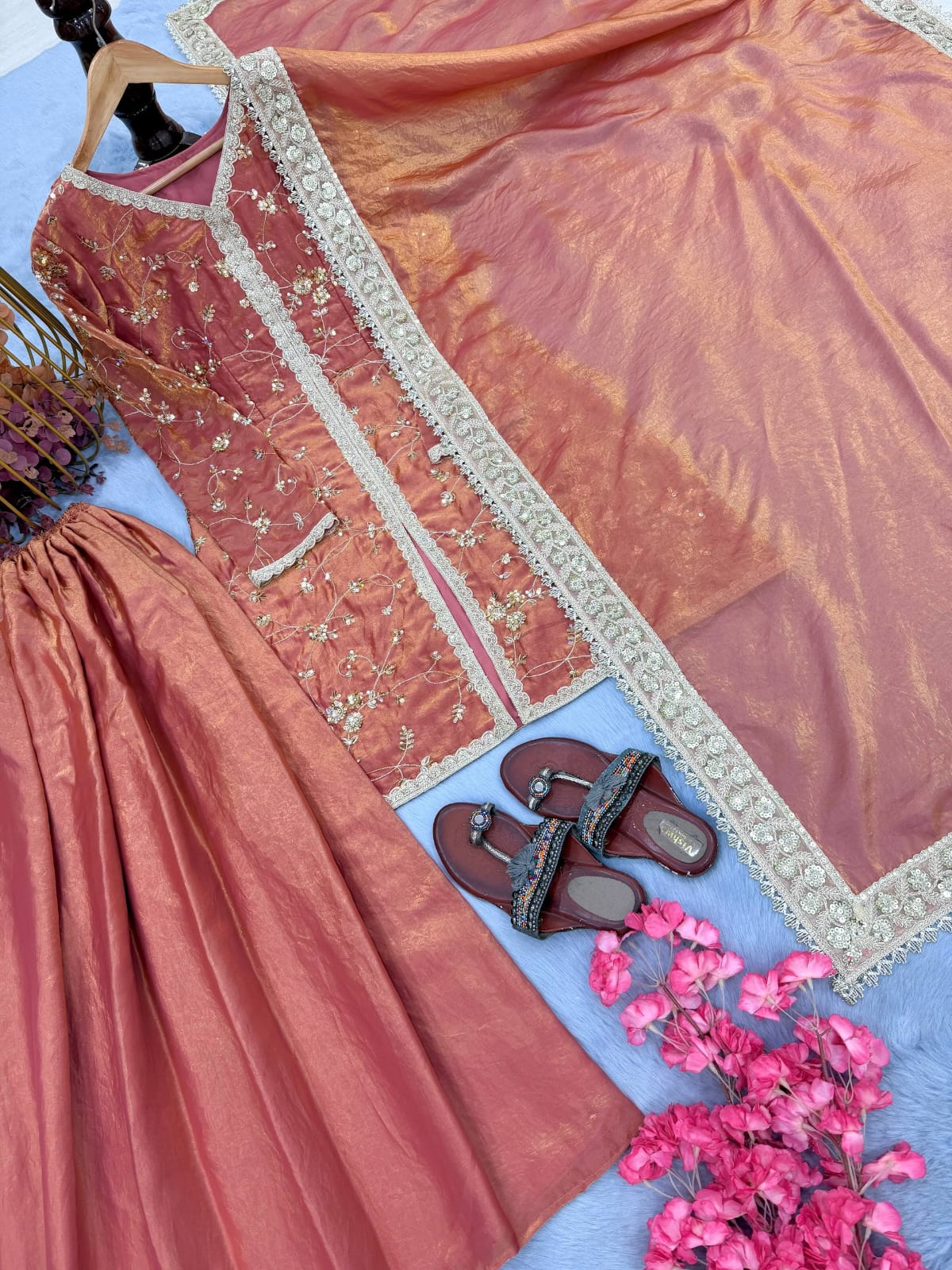 Fendi Silk Designer Top Plazzo & Dupatta Set