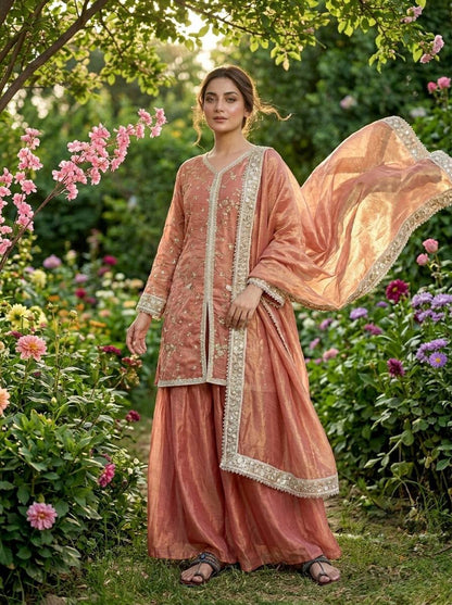 Fendi Silk Designer Top Plazzo & Dupatta Set