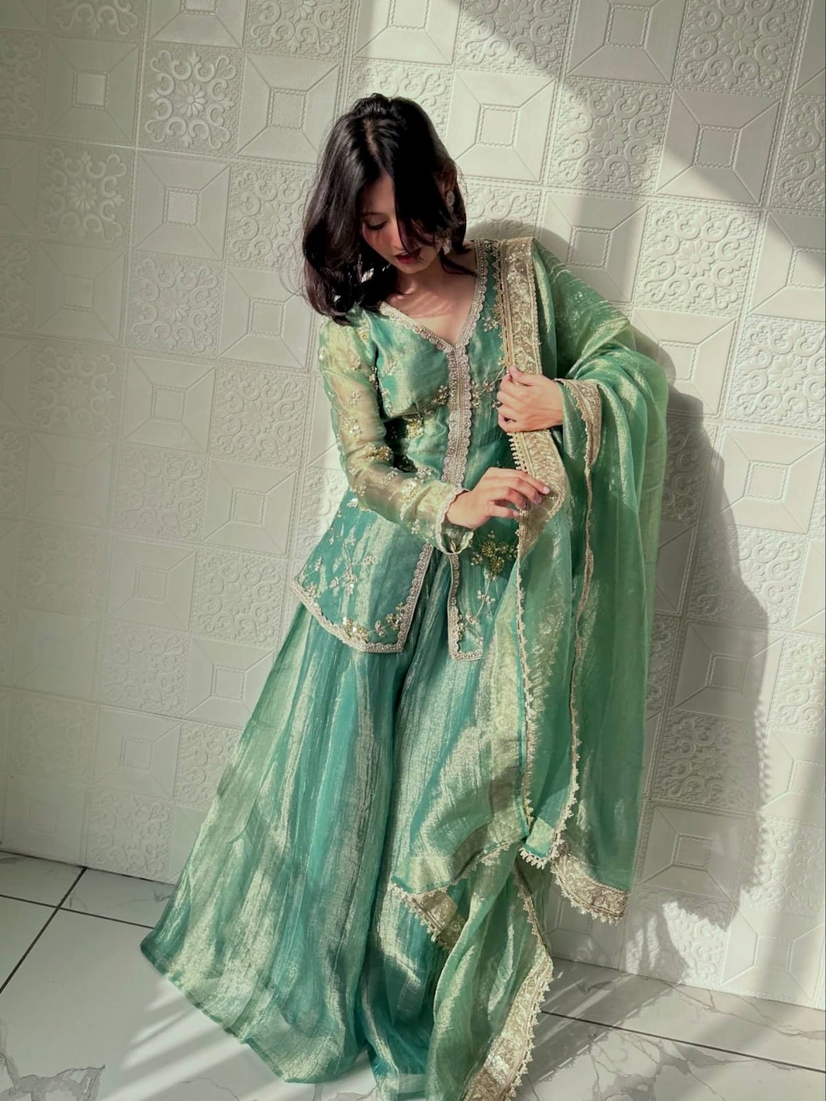 Fendi Silk Designer Top Plazzo & Dupatta Set