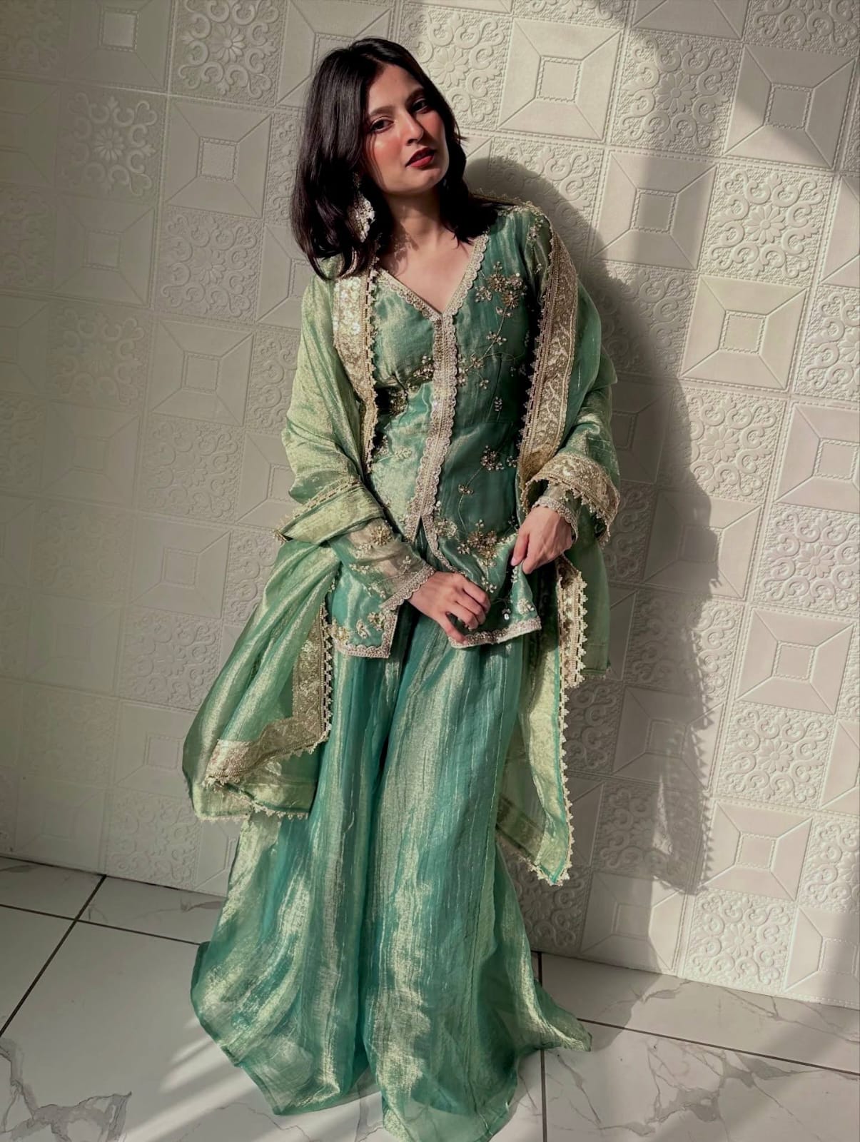 Fendi Silk Designer Top Plazzo & Dupatta Set