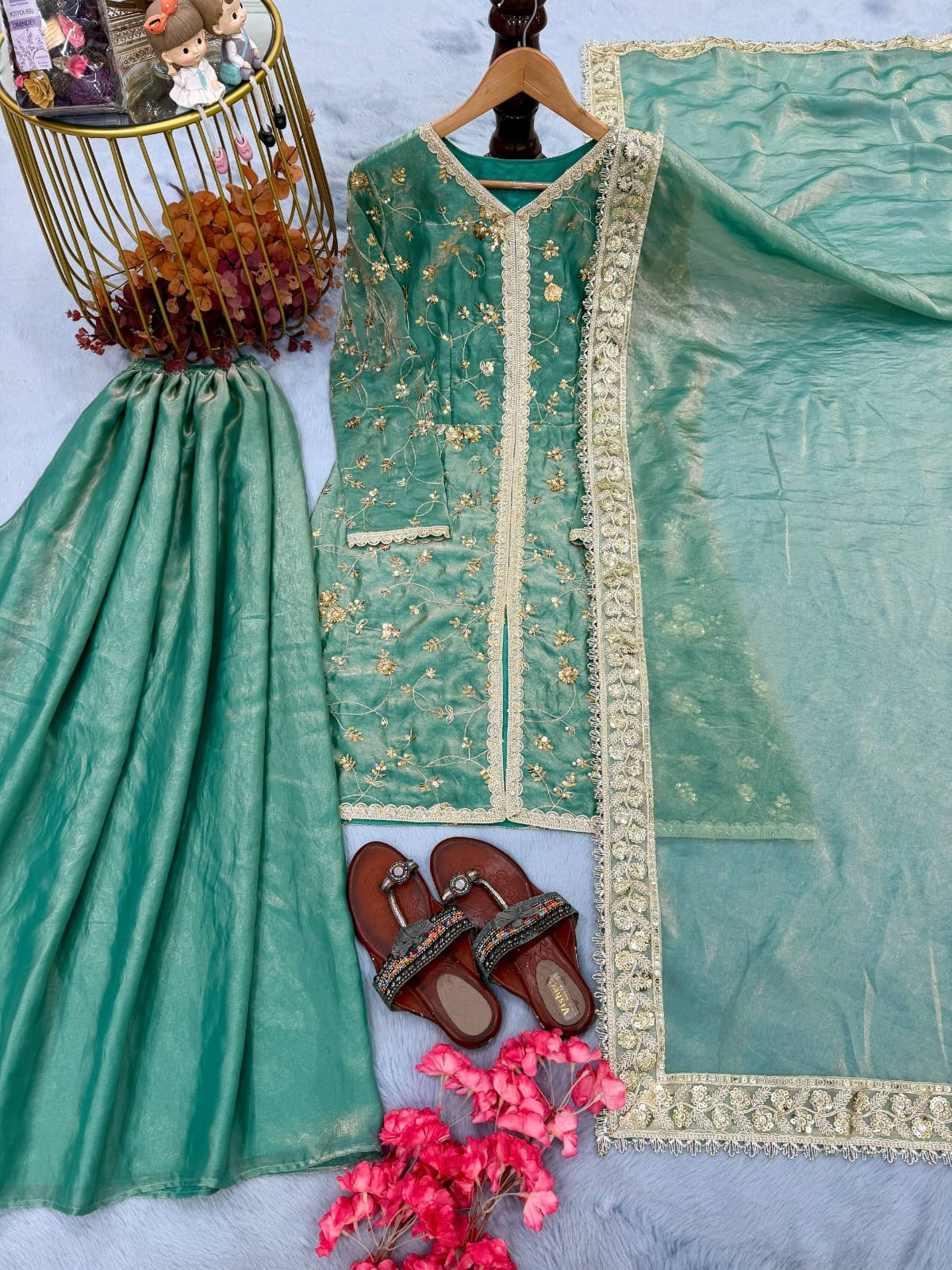 Fendi Silk Designer Top Plazzo & Dupatta Set