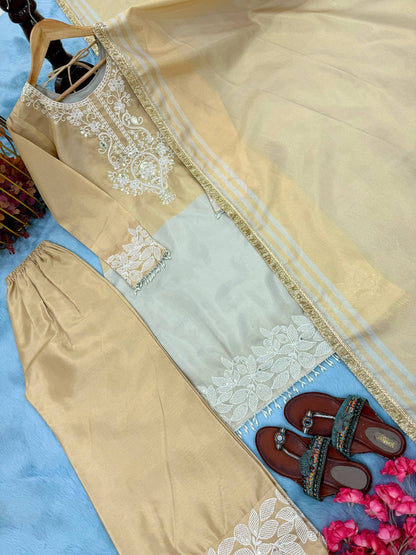 Designer Party Wear Look Pur Dual Ton Banarasi Sillk Top Plazzo & Dupatta Set