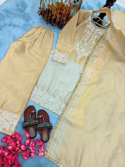 Designer Party Wear Look Pur Dual Ton Banarasi Sillk Top Plazzo & Dupatta Set