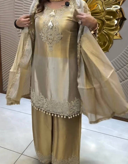 Designer Party Wear Look Pur Dual Ton Banarasi Sillk Top Plazzo & Dupatta Set