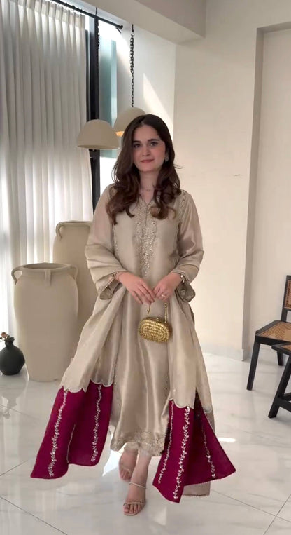 Designer Party Wear Look Pure Gmy Silk Top Plazzo & Dupatta Set