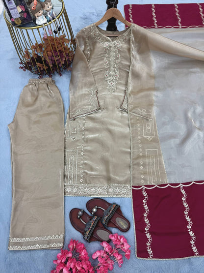 Designer Party Wear Look Pure Gmy Silk Top Plazzo & Dupatta Set