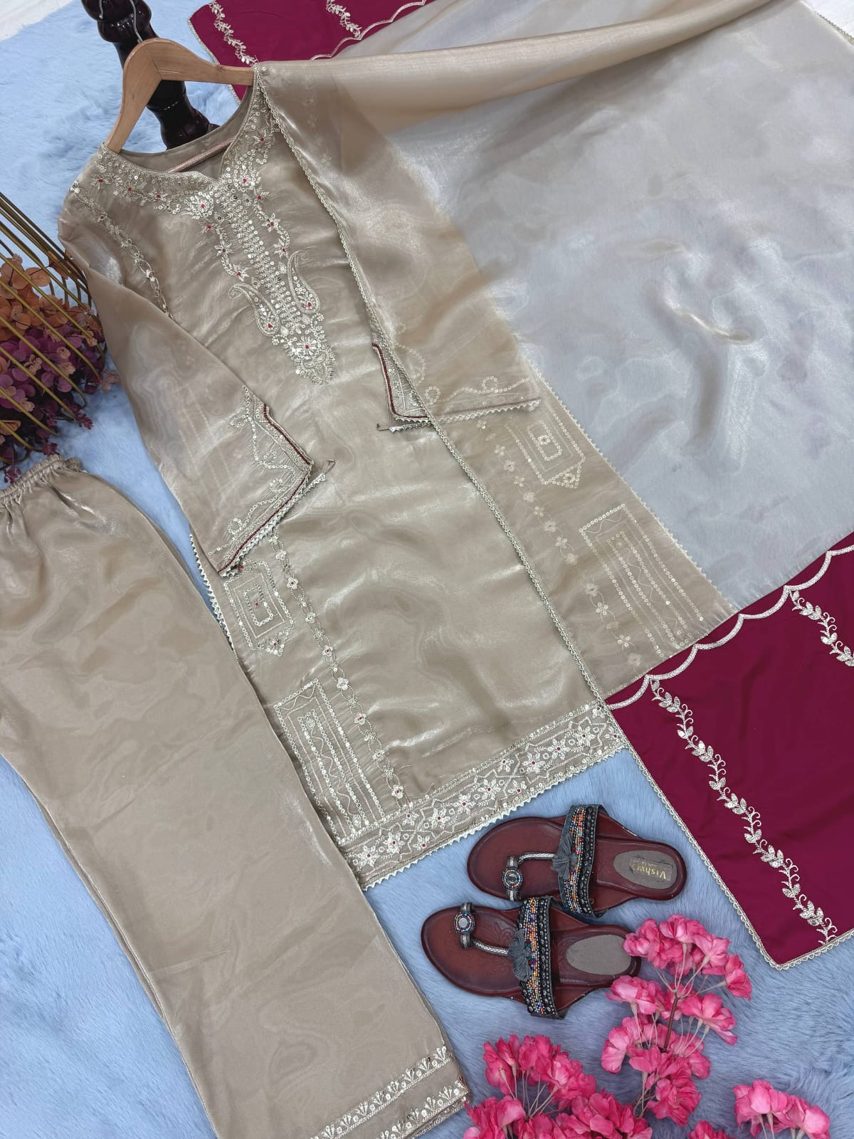 Designer Party Wear Look Pure Gmy Silk Top Plazzo & Dupatta Set