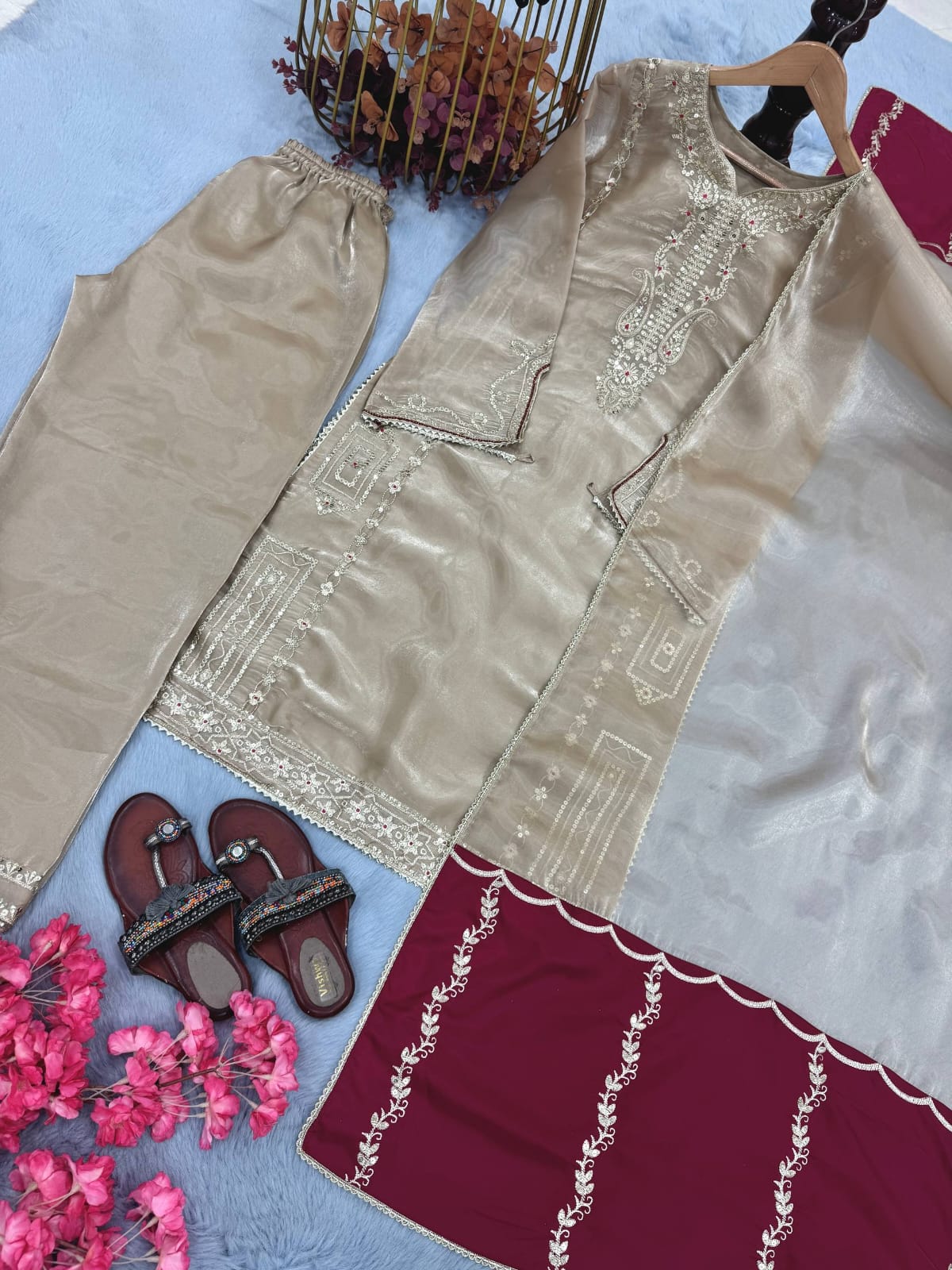 Designer Party Wear Look Pure Gmy Silk Top Plazzo & Dupatta Set