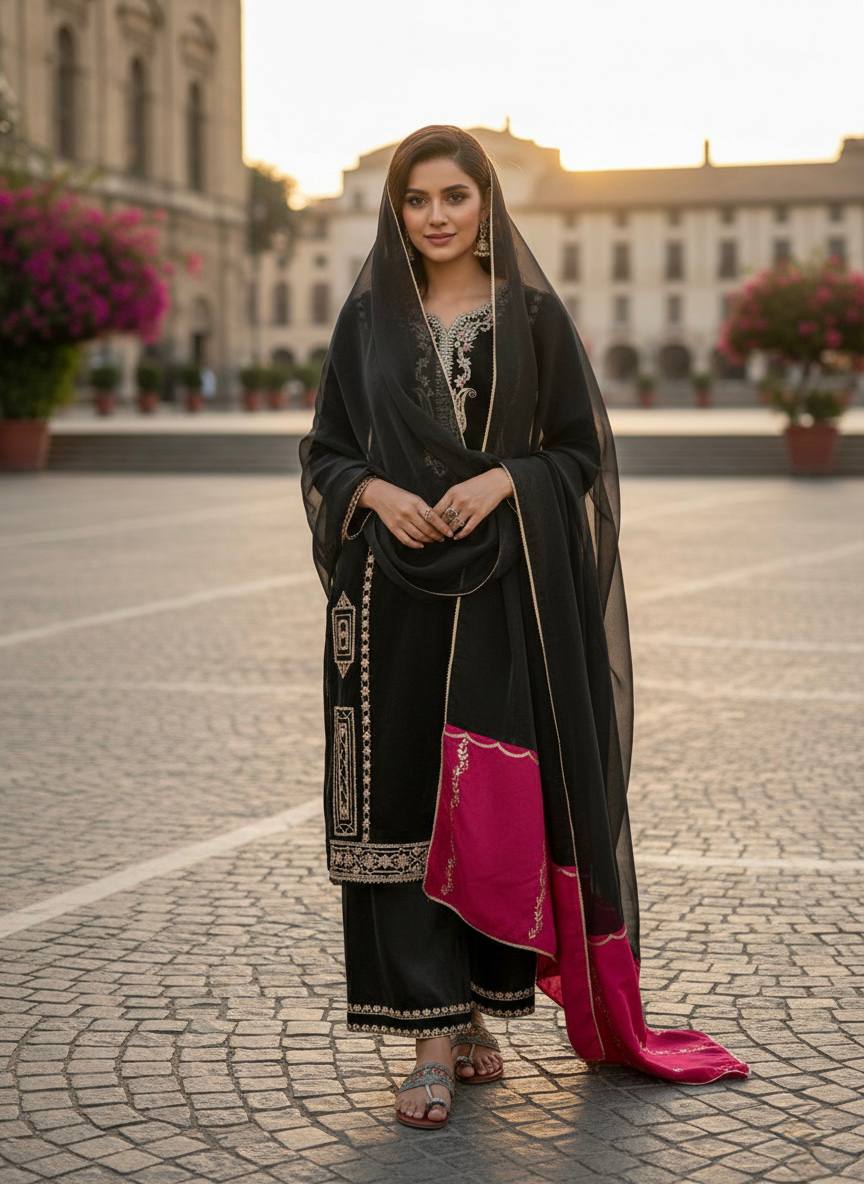 Designer Party Wear Look Pure Gmy Silk Top Plazzo & Dupatta Set