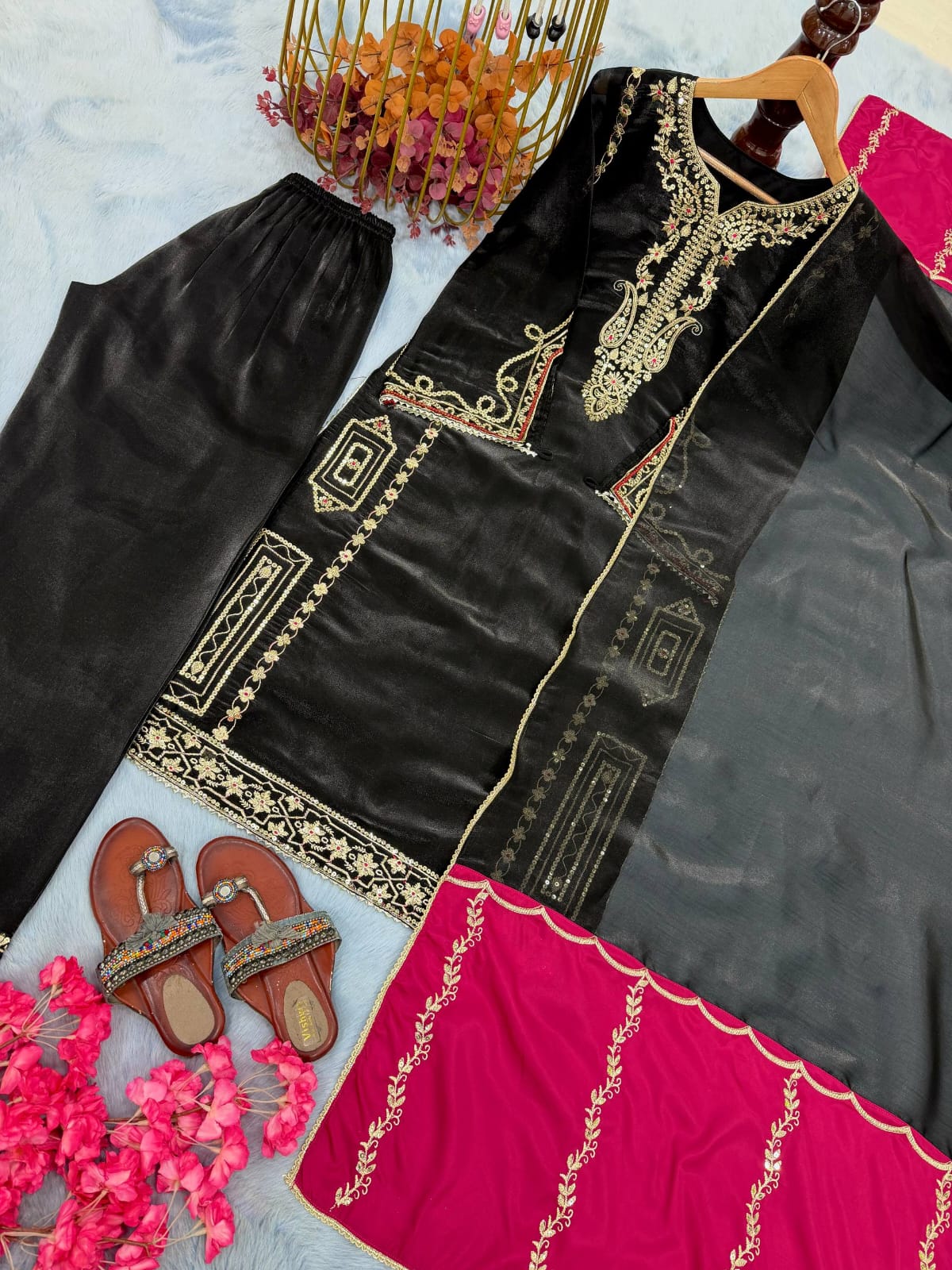 Designer Party Wear Look Pure Gmy Silk Top Plazzo & Dupatta Set