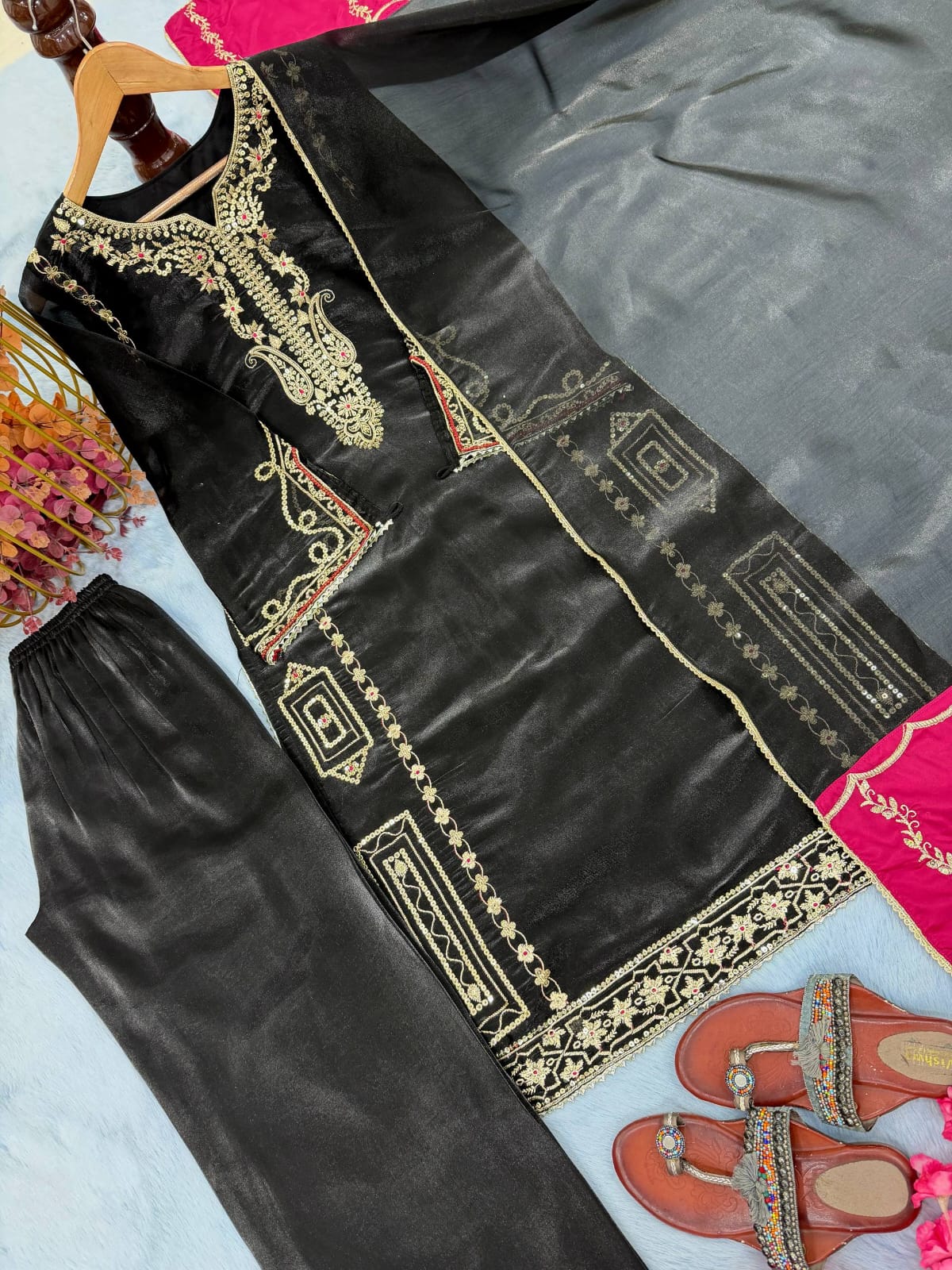 Designer Party Wear Look Pure Gmy Silk Top Plazzo & Dupatta Set