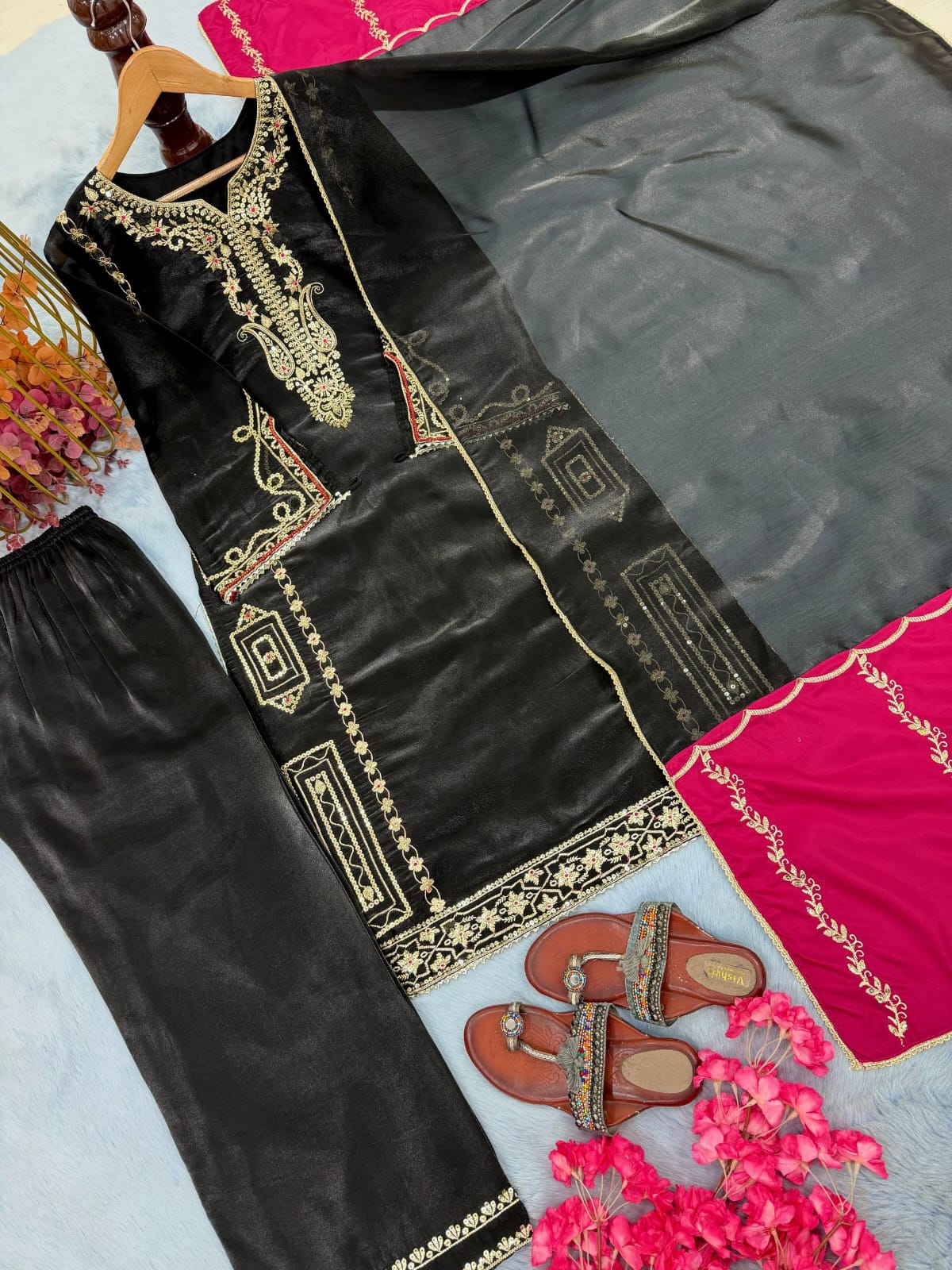 Designer Party Wear Look Pure Gmy Silk Top Plazzo & Dupatta Set