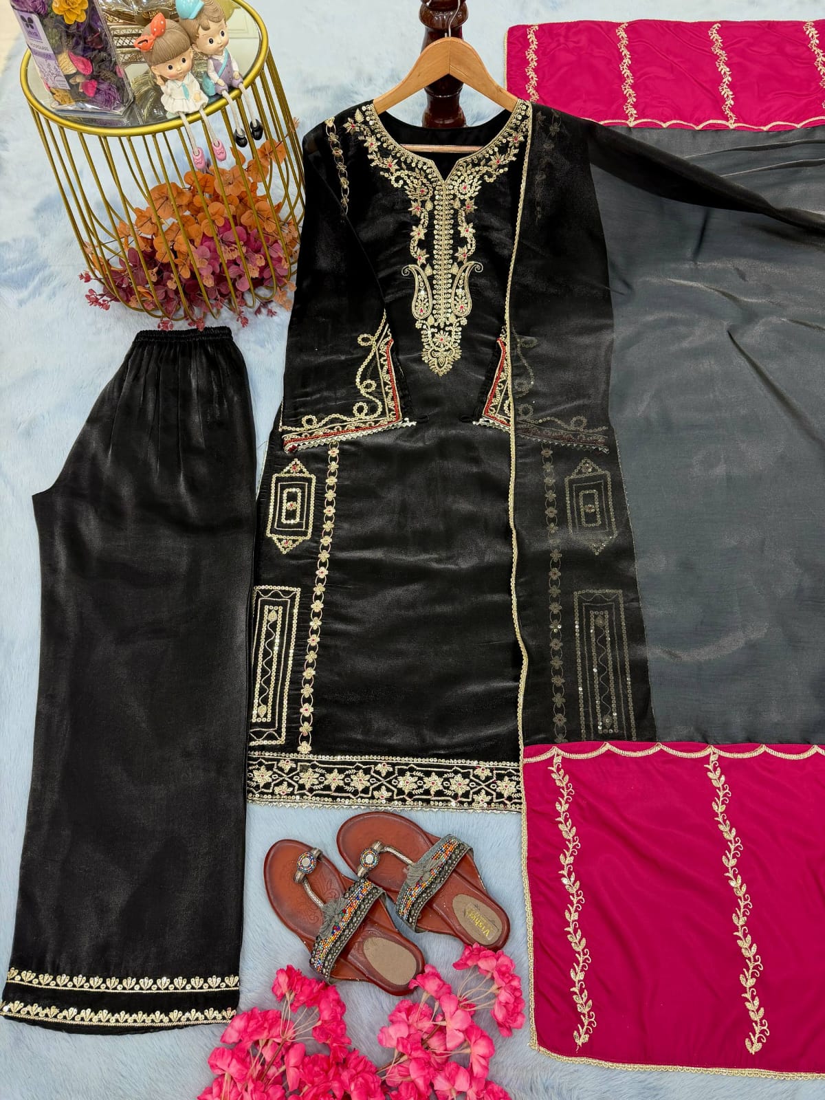 Designer Party Wear Look Pure Gmy Silk Top Plazzo & Dupatta Set