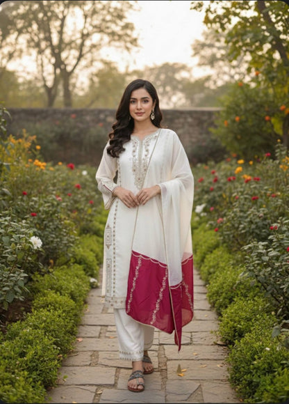 Designer Party Wear Look Pure Gmy Silk Top Plazzo & Dupatta Set