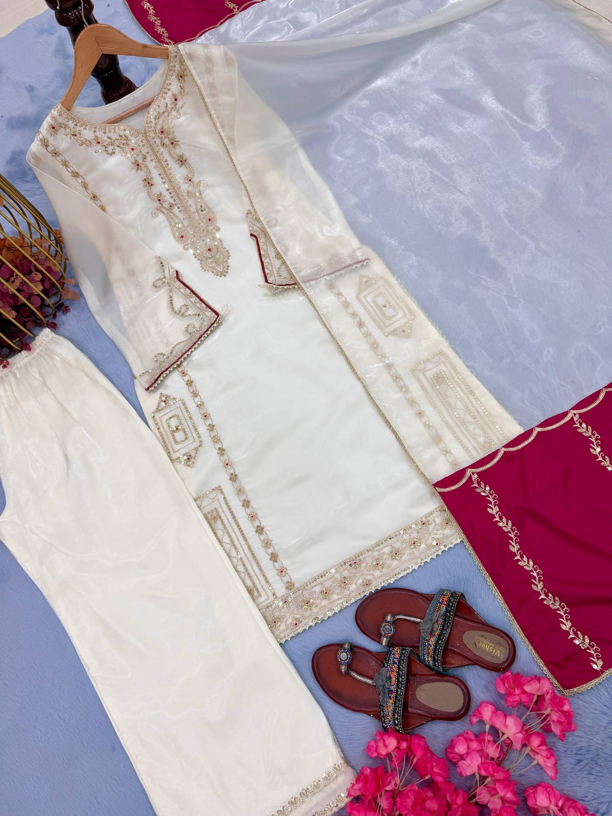 Designer Party Wear Look Pure Gmy Silk Top Plazzo & Dupatta Set