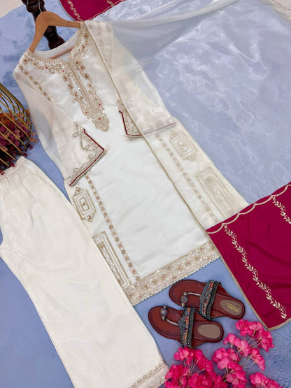 Designer Party Wear Look Pure Gmy Silk Top Plazzo & Dupatta Set