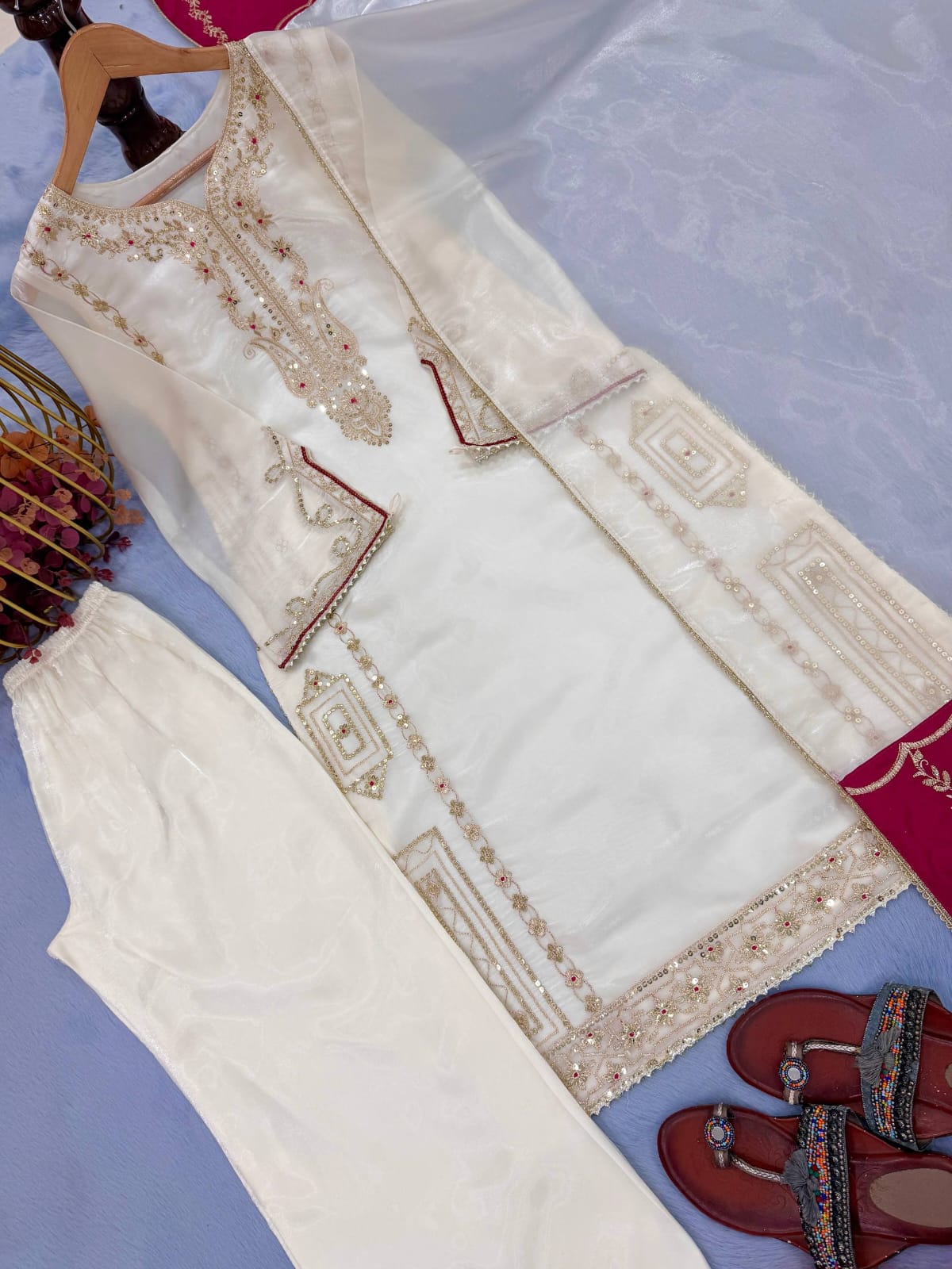 Designer Party Wear Look Pure Gmy Silk Top Plazzo & Dupatta Set