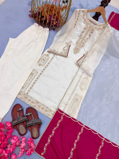 Designer Party Wear Look Pure Gmy Silk Top Plazzo & Dupatta Set