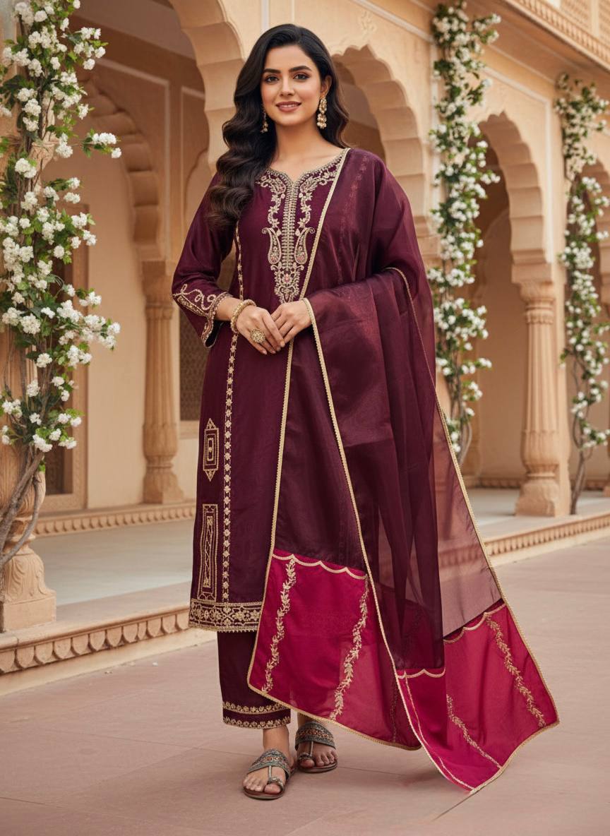 Designer Party Wear Look Pure Gmy Silk Top Plazzo & Dupatta Set