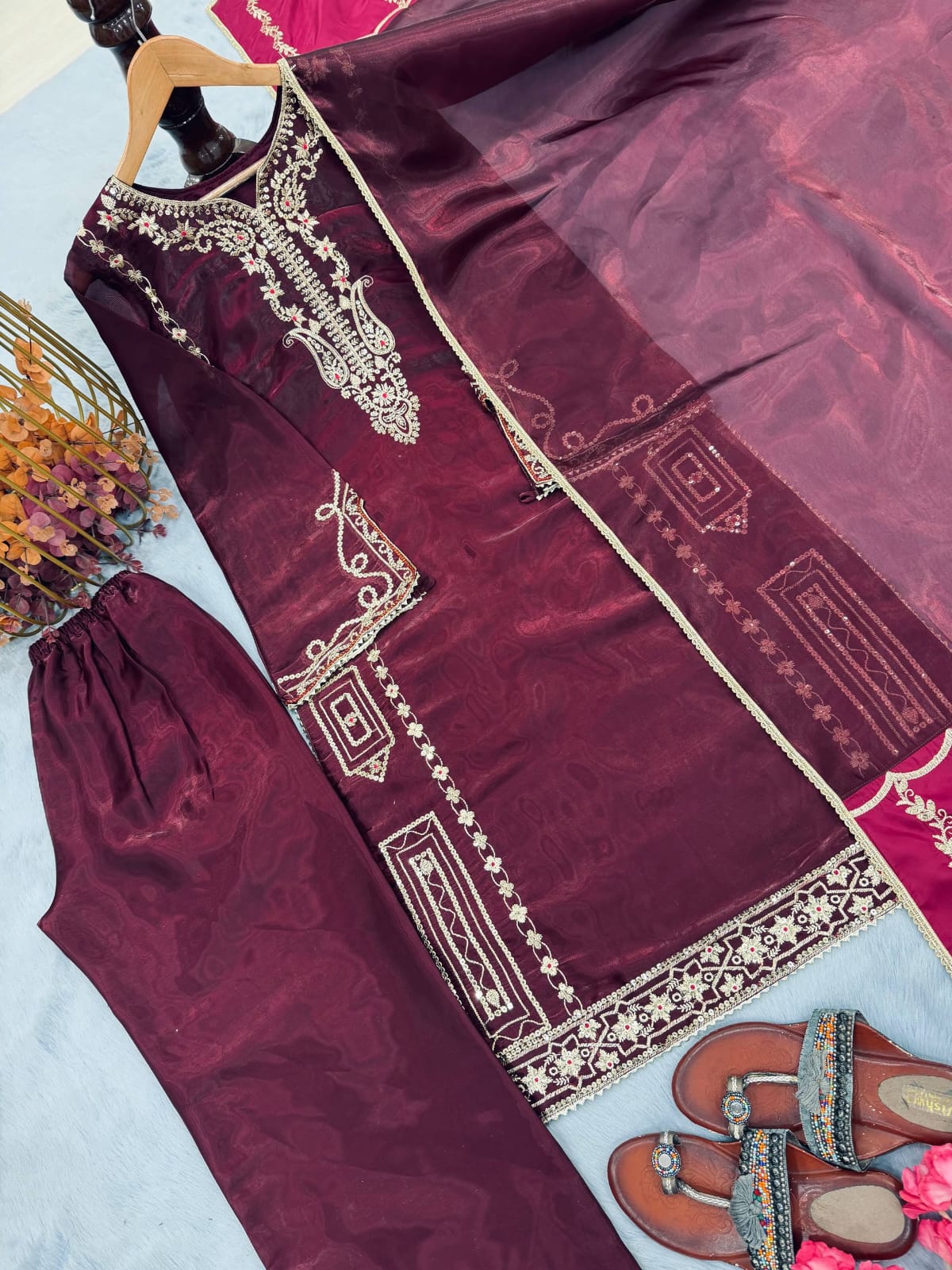 Designer Party Wear Look Pure Gmy Silk Top Plazzo & Dupatta Set