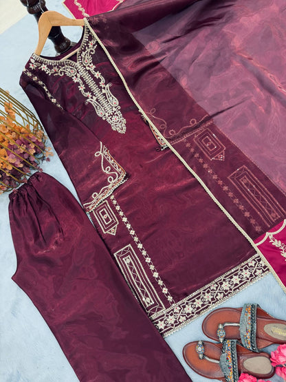 Designer Party Wear Look Pure Gmy Silk Top Plazzo & Dupatta Set