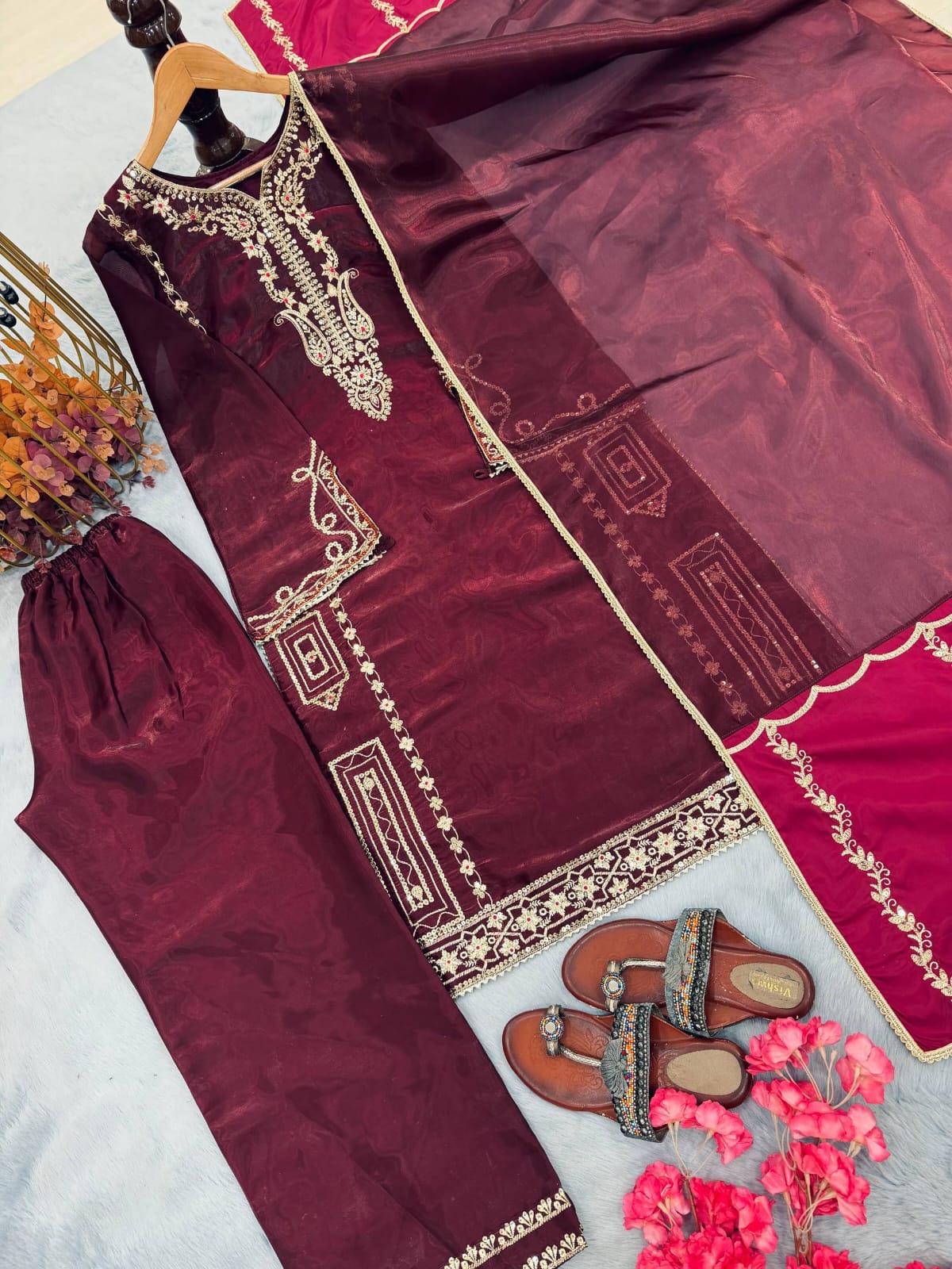 Designer Party Wear Look Pure Gmy Silk Top Plazzo & Dupatta Set