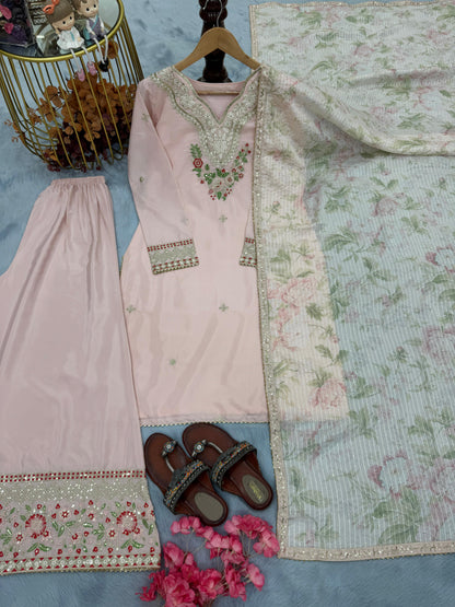 Party Wear Look Pur Natural Crepe Top & Palazzo With Dupatta set