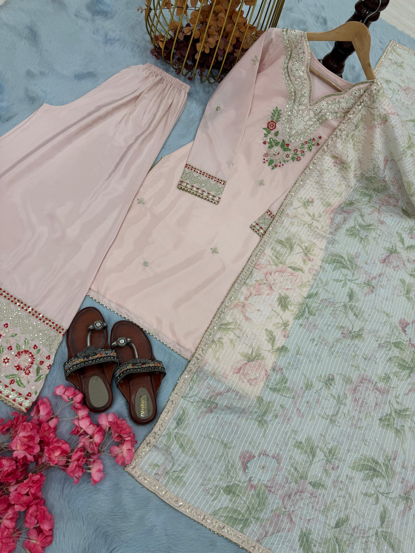 Party Wear Look Pur Natural Crepe Top & Palazzo With Dupatta set