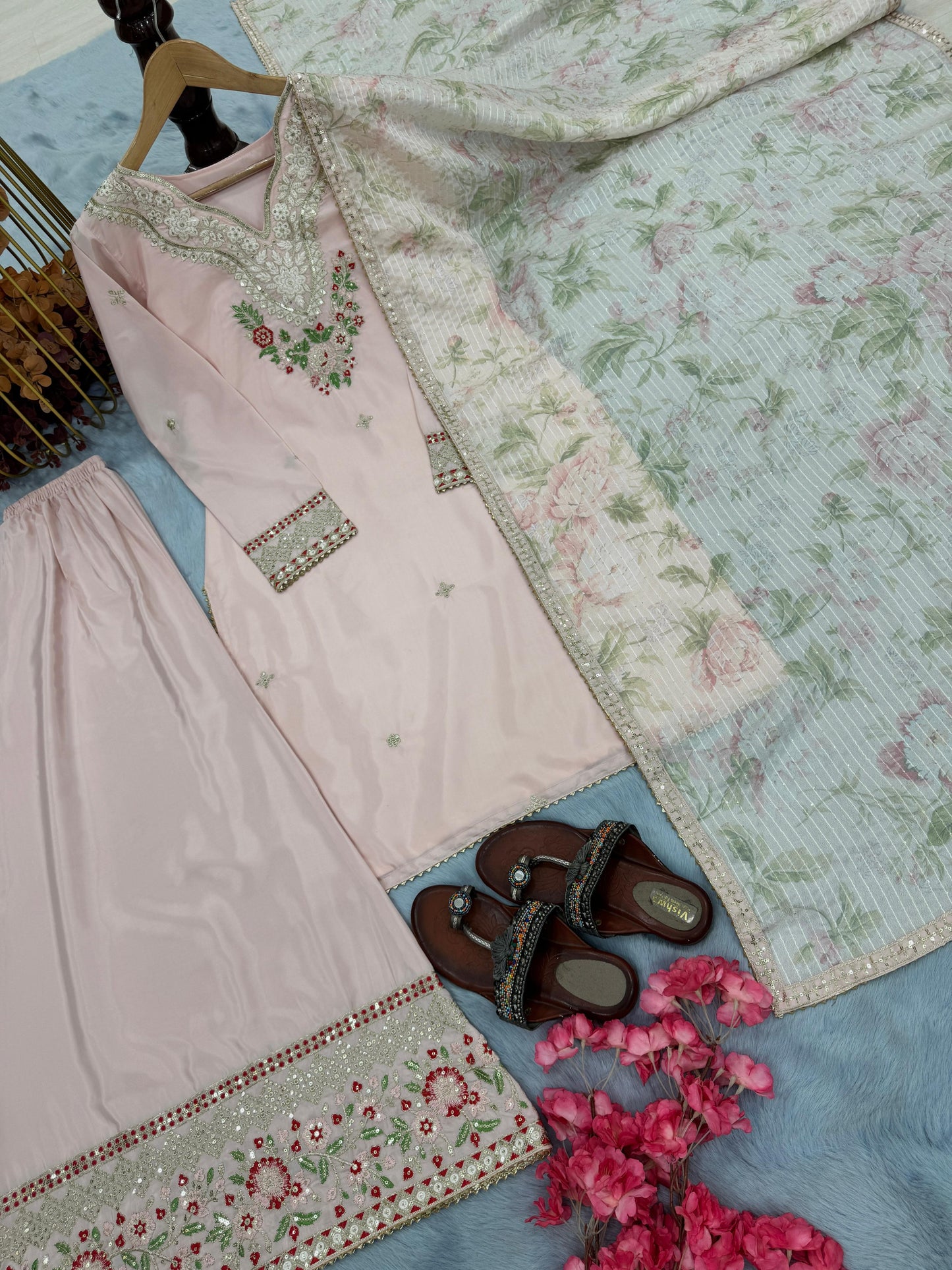 Party Wear Look Pur Natural Crepe Top & Palazzo With Dupatta set