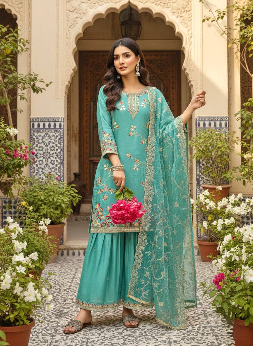 Designer Party Wear Look Pur GMY SILK Top Plazzo & Dupatta Set
