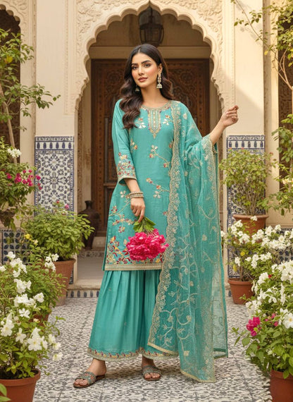 Designer Party Wear Look Pur GMY SILK Top Plazzo & Dupatta Set