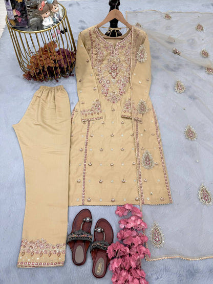 Party Wear Look Heavy Roman silk Top Bottom & Dupatta Set