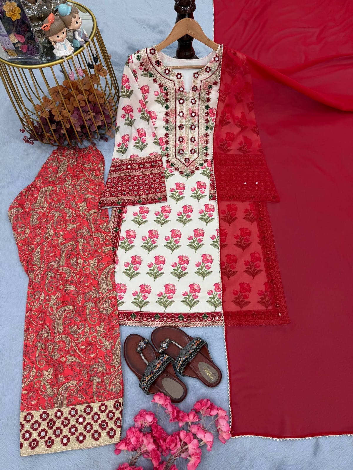 Designer Party Wear Look Pur Natural Crepe Top & Farshi Palazzo With Dupatta set