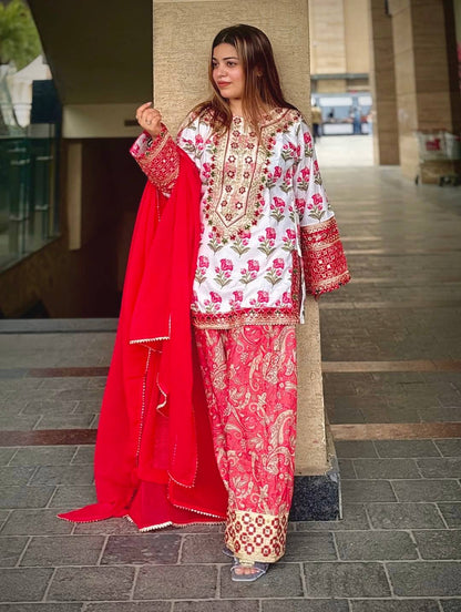 Designer Party Wear Look Pur Natural Crepe Top & Farshi Palazzo With Dupatta set