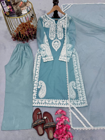 Designer Party Wear Look Pur Soft Nylon Organza Silk Top Plazzo & Dupatta Set