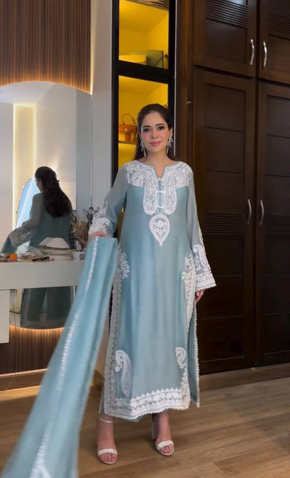 Designer Party Wear Look Pur Soft Nylon Organza Silk Top Plazzo & Dupatta Set