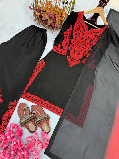 Designer Party Wear Look Pur Chinon Silk Top & Palazzo With Dupatta set