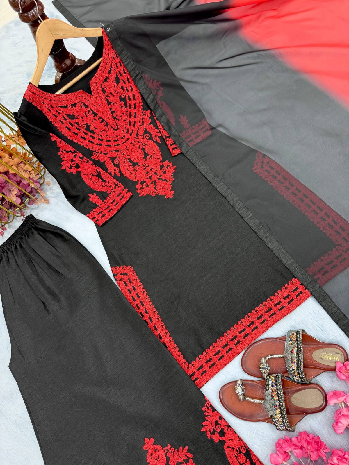 Designer Party Wear Look Pur Chinon Silk Top & Palazzo With Dupatta set