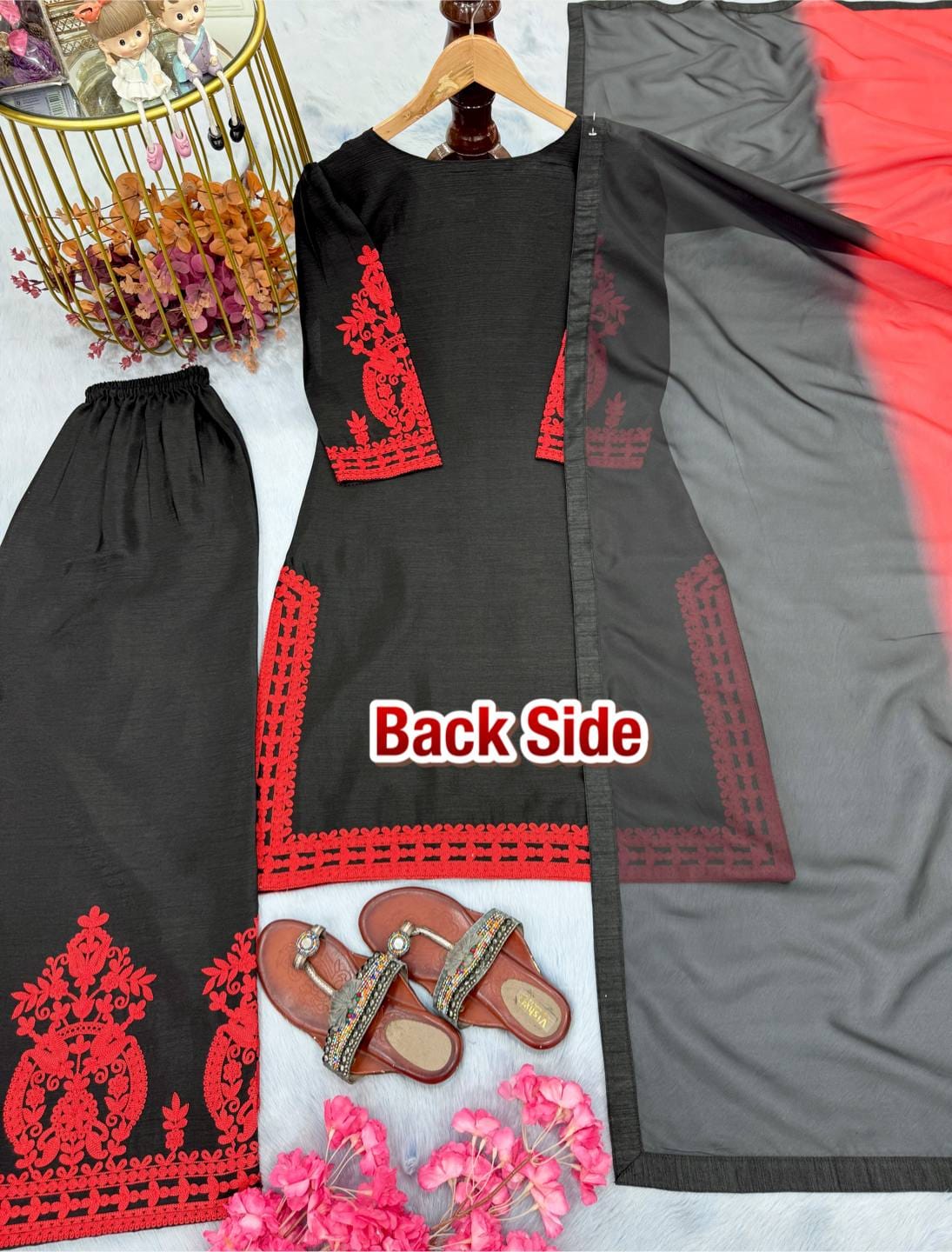Designer Party Wear Look Pur Chinon Silk Top & Palazzo With Dupatta set
