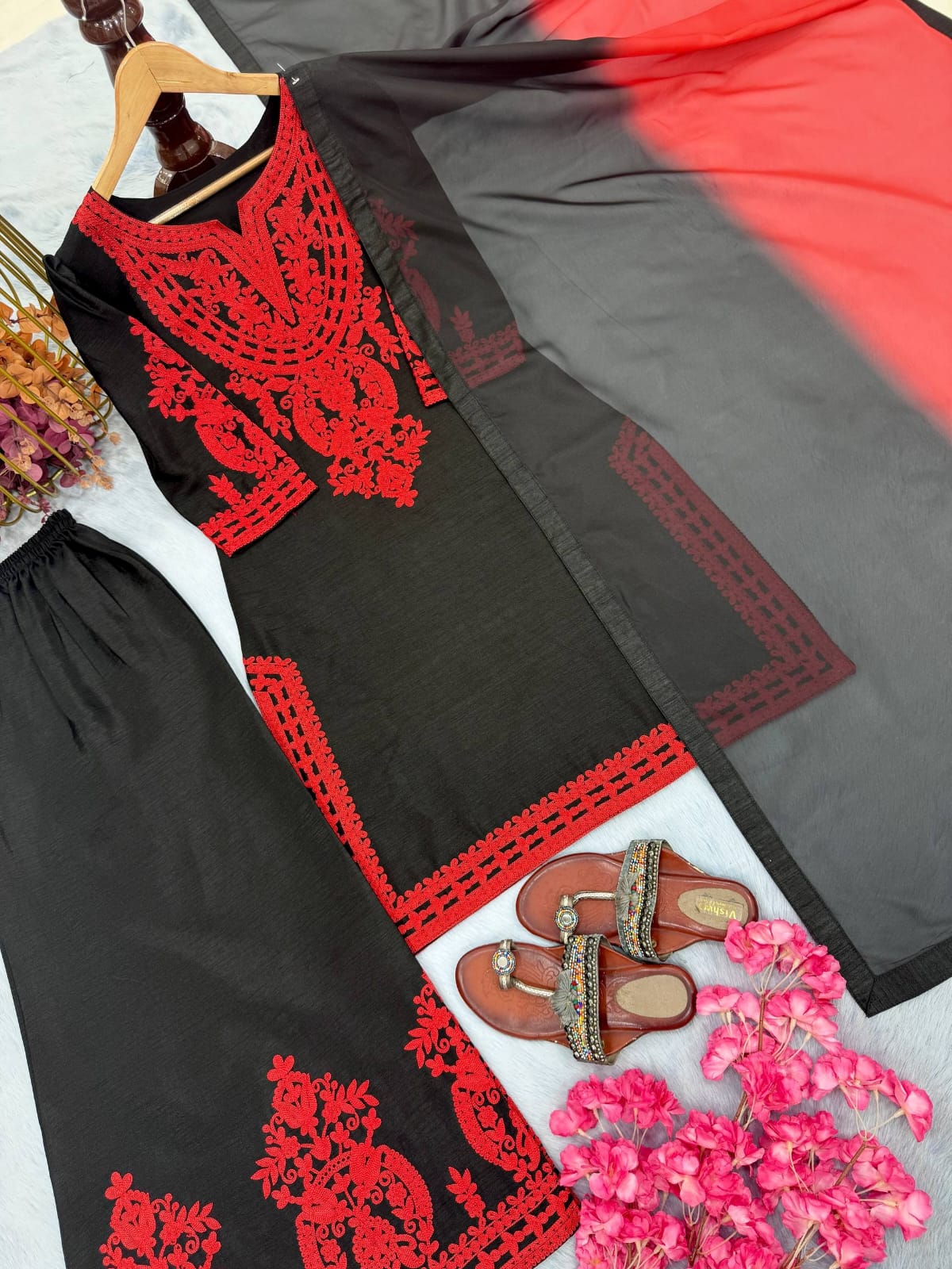 Designer Party Wear Look Pur Chinon Silk Top & Palazzo With Dupatta set