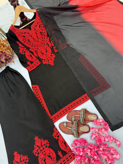 Designer Party Wear Look Pur Chinon Silk Top & Palazzo With Dupatta set