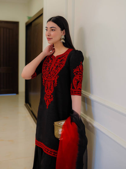 Designer Party Wear Look Pur Chinon Silk Top & Palazzo With Dupatta set