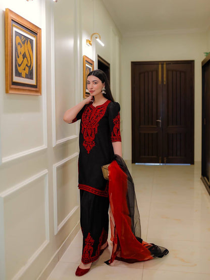 Designer Party Wear Look Pur Chinon Silk Top & Palazzo With Dupatta set