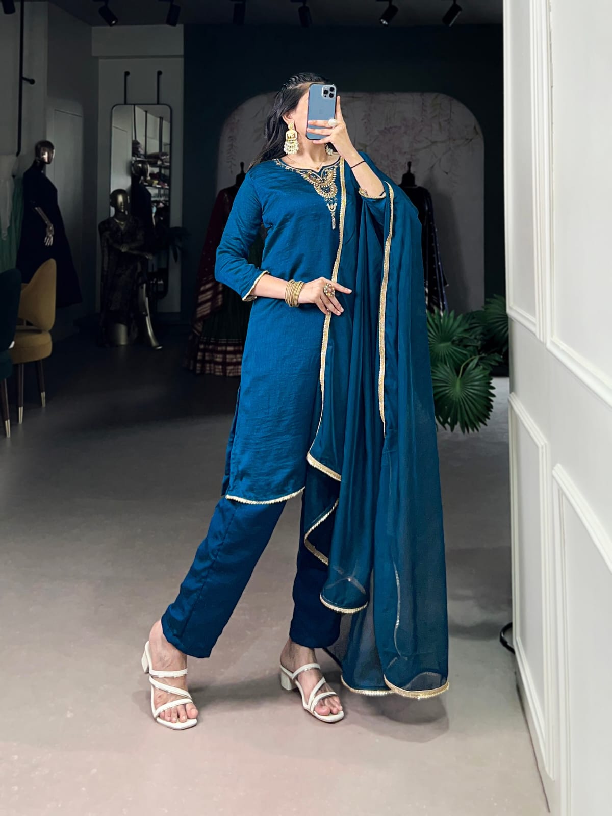 Designer Party Wear Look Pur Chinon Silk Top & Palazzo With Dupatta set