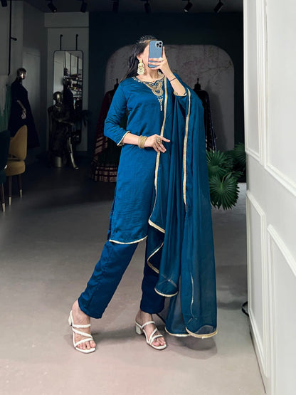Designer Party Wear Look Pur Chinon Silk Top & Palazzo With Dupatta set