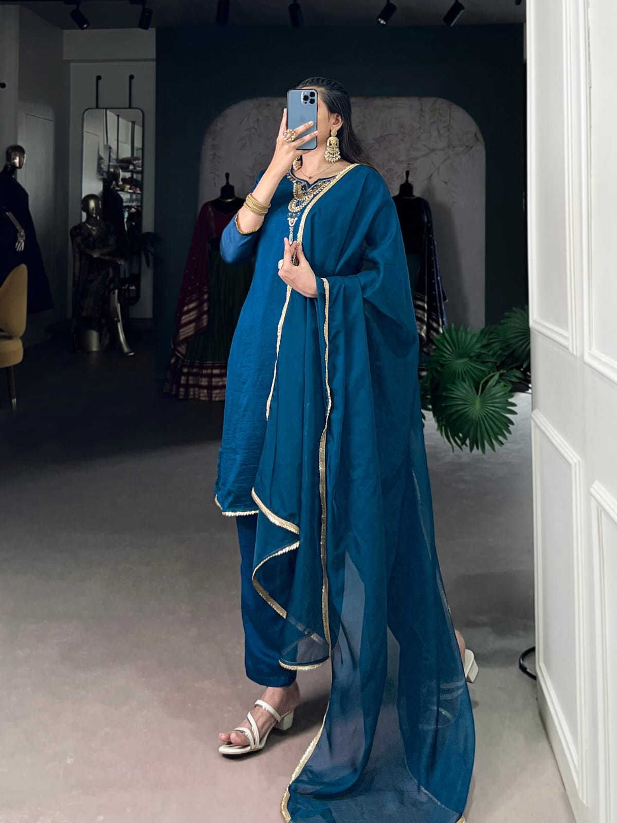 Designer Party Wear Look Pur Chinon Silk Top & Palazzo With Dupatta set