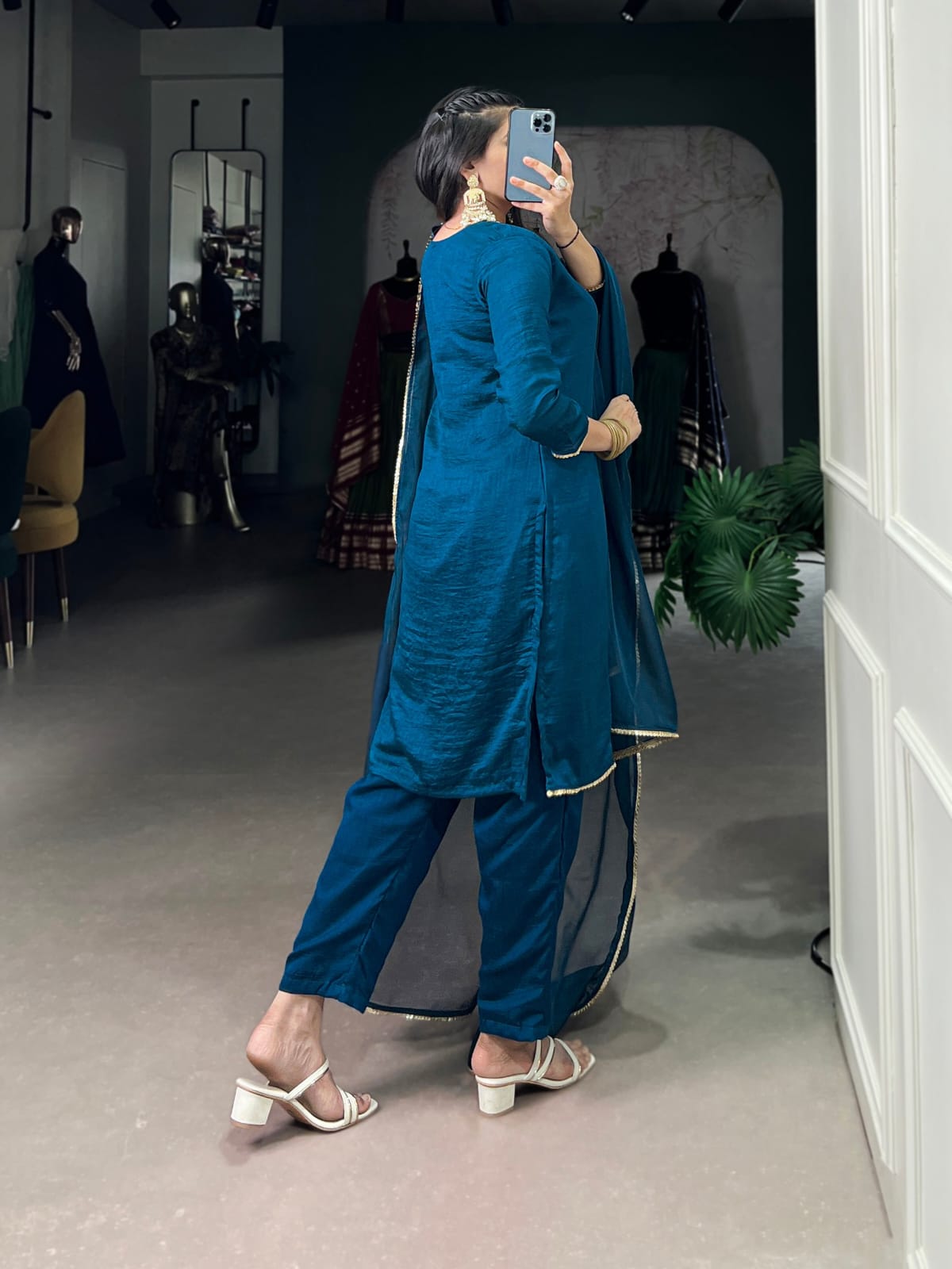 Designer Party Wear Look Pur Chinon Silk Top & Palazzo With Dupatta set