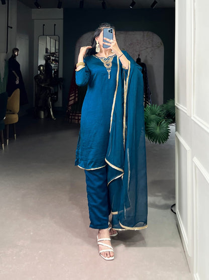 Designer Party Wear Look Pur Chinon Silk Top & Palazzo With Dupatta set