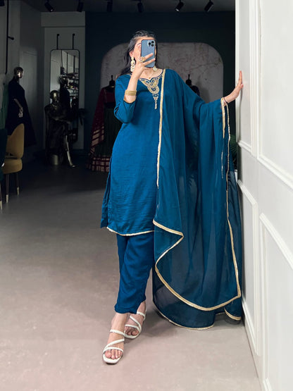 Designer Party Wear Look Pur Chinon Silk Top & Palazzo With Dupatta set